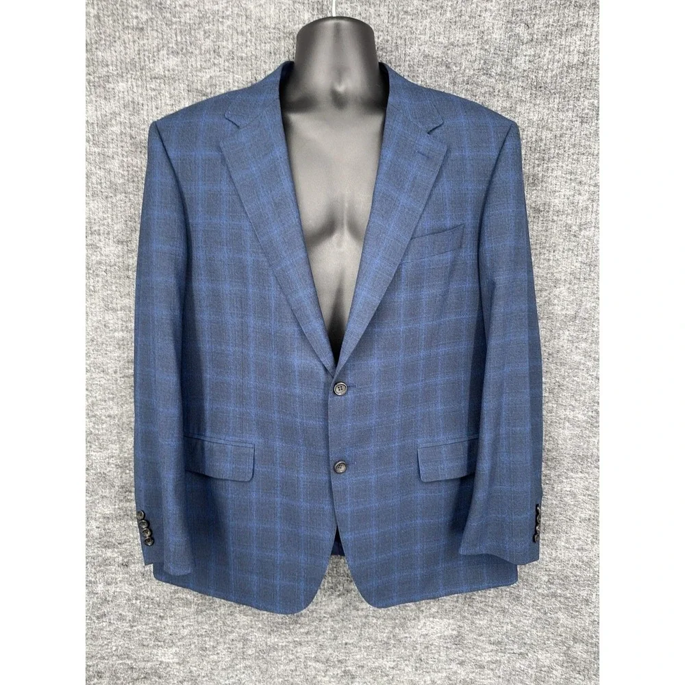 Canali Blazer Mens 48 Blue Wool Stretch Plaid 2 Button Sport Coat Made In Italy